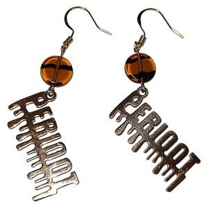 Gold Tone PERIODT Spell Out Dangle Earrings Glass Animal Print Bead